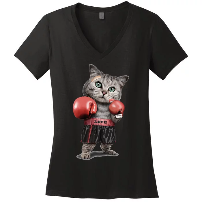 BOXING CAT Funny Women's V-Neck T-Shirt