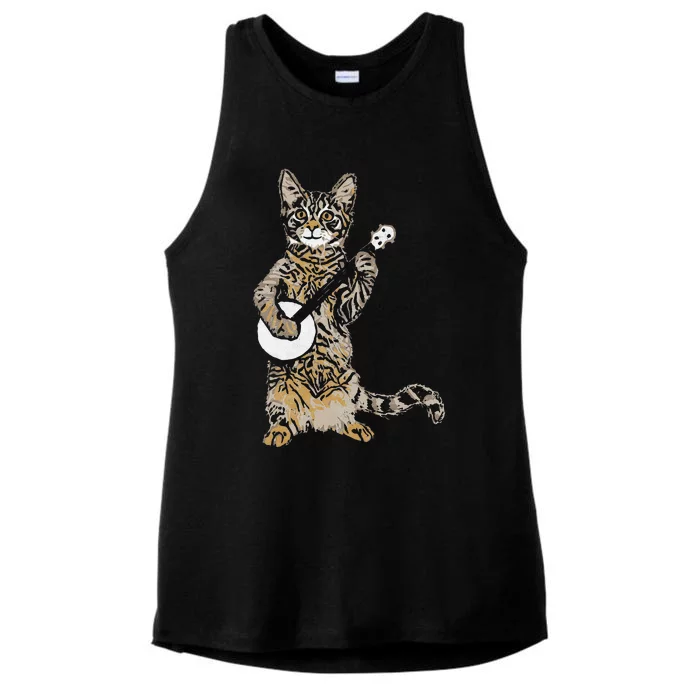 Banjo Cat Funny Retro Style Bluegrass & Tabby Cat Lover Ladies Tri-Blend Wicking Tank