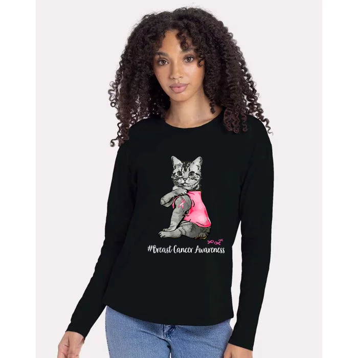 Breast Cancer Funny Cat Pink Ribbon In October We Wear Pink Gift Womens Cotton Relaxed Long Sleeve T-Shirt