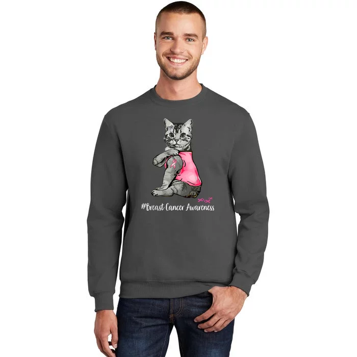 Breast Cancer Funny Cat Pink Ribbon In October We Wear Pink Gift Tall Sweatshirt