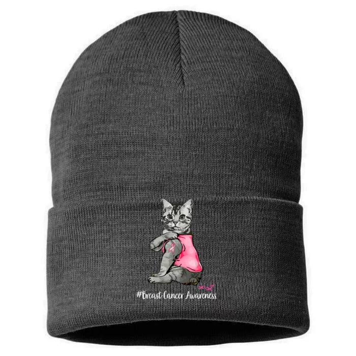 Breast Cancer Funny Cat Pink Ribbon In October We Wear Pink Gift Sustainable Knit Beanie