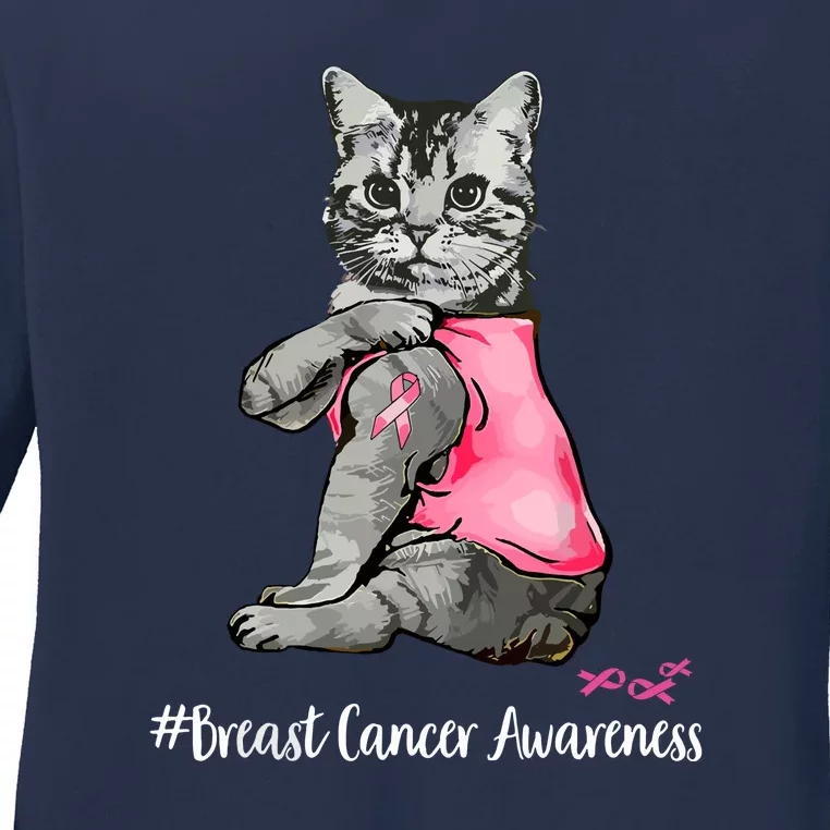 Breast Cancer Funny Cat Pink Ribbon In October We Wear Pink Gift Ladies Long Sleeve Shirt