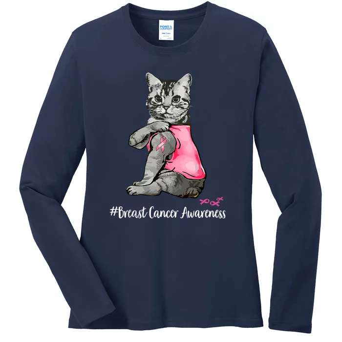 Breast Cancer Funny Cat Pink Ribbon In October We Wear Pink Gift Ladies Long Sleeve Shirt