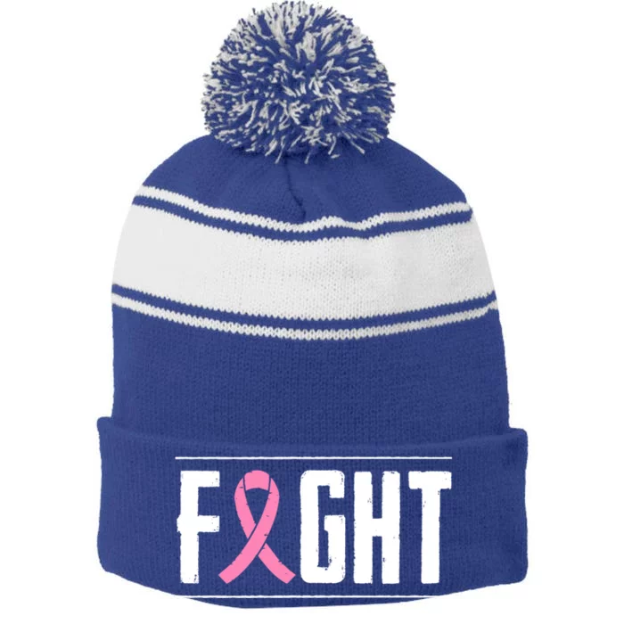 Breast Cancer Fight Cancer Ribbon Funny Gift Stripe Pom Pom Beanie