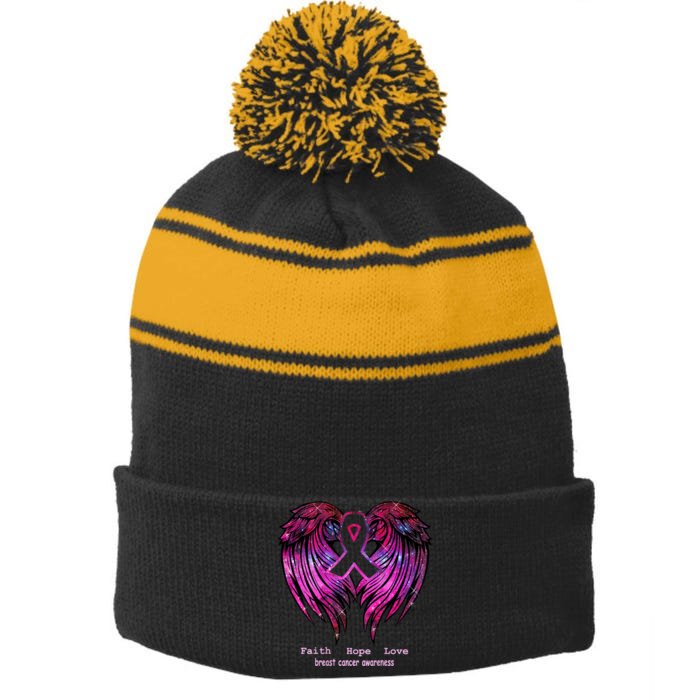 Breast Cancer Faith Hope Love Wings Awareness Front & Back Stripe Pom Pom Beanie