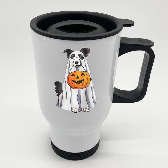 Border Collie Ghost Pumpkin Halloween Costume Fall Front & Back Stainless Steel Travel Mug