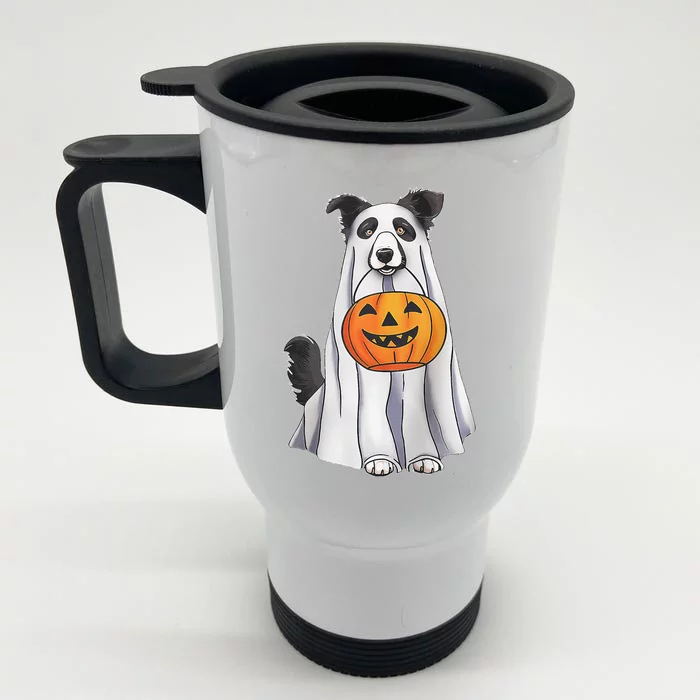 Border Collie Ghost Pumpkin Halloween Costume Fall Front & Back Stainless Steel Travel Mug