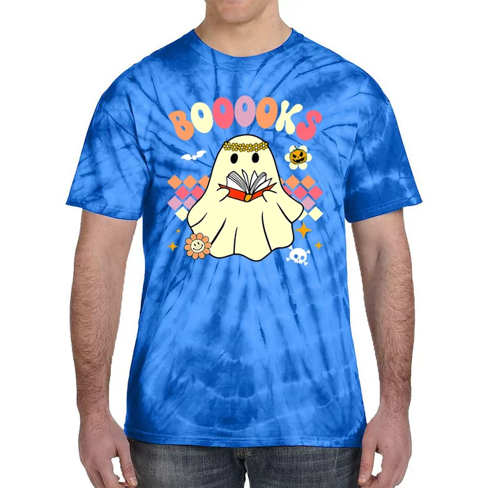 Booooks Cute Ghost Reading Books Groovy Halloween Costume Gift Tie-Dye T-Shirt