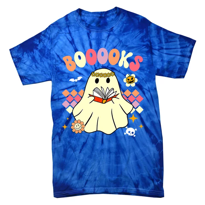 Booooks Cute Ghost Reading Books Groovy Halloween Costume Gift Tie-Dye T-Shirt