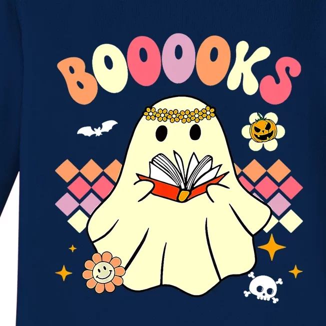 Booooks Cute Ghost Reading Books Groovy Halloween Costume Gift Baby Long Sleeve Bodysuit