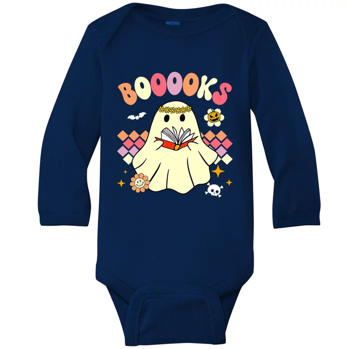 Booooks Cute Ghost Reading Books Groovy Halloween Costume Gift Baby Long Sleeve Bodysuit