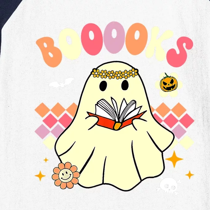 Booooks Cute Ghost Reading Books Groovy Halloween Costume Gift Baseball Sleeve Shirt