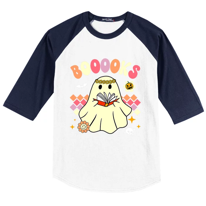 Booooks Cute Ghost Reading Books Groovy Halloween Costume Gift Baseball Sleeve Shirt