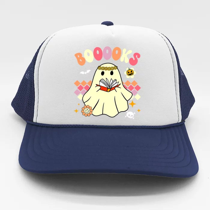 Booooks Cute Ghost Reading Books Groovy Halloween Costume Gift Trucker Hat