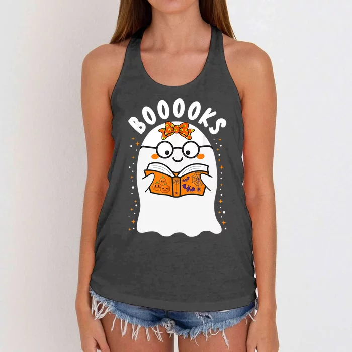 Booooks! Cute Ghost Reading Library Books Teacher Halloween Cute Gift Women's Knotted Racerback Tank