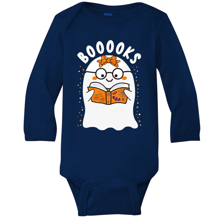 Booooks! Cute Ghost Reading Library Books Teacher Halloween Cute Gift Baby Long Sleeve Bodysuit