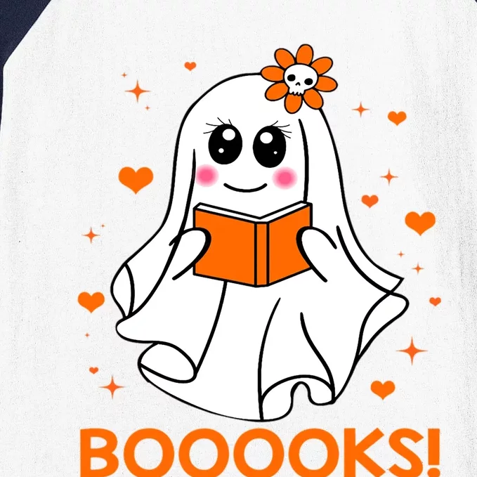 Booooks Cute Ghost Boo Reading Library Books Halloween Funny Gift Baseball Sleeve Shirt