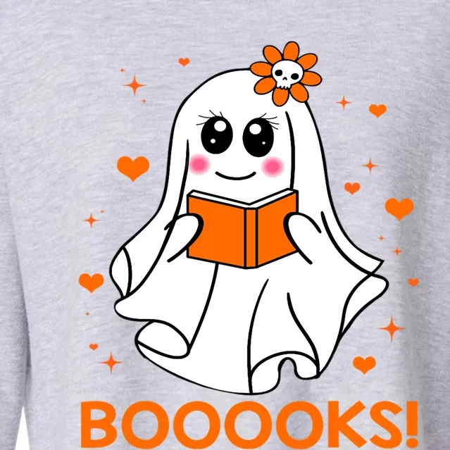 Booooks Cute Ghost Boo Reading Library Books Halloween Funny Gift Cropped Pullover Crew