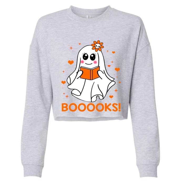 Booooks Cute Ghost Boo Reading Library Books Halloween Funny Gift Cropped Pullover Crew