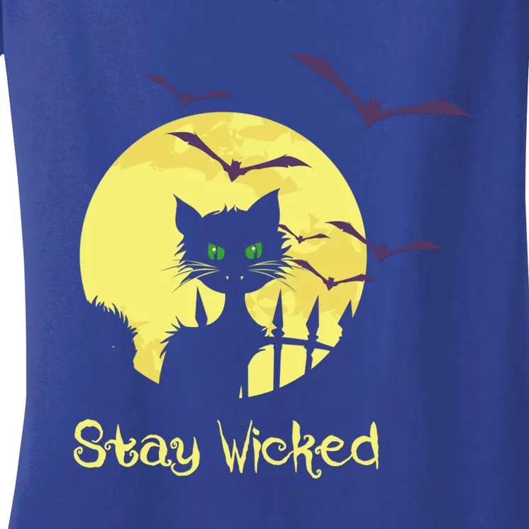 Black Cat Green Eyes Moon Funny Halloween Stay Wicked Gift Women's V-Neck T-Shirt