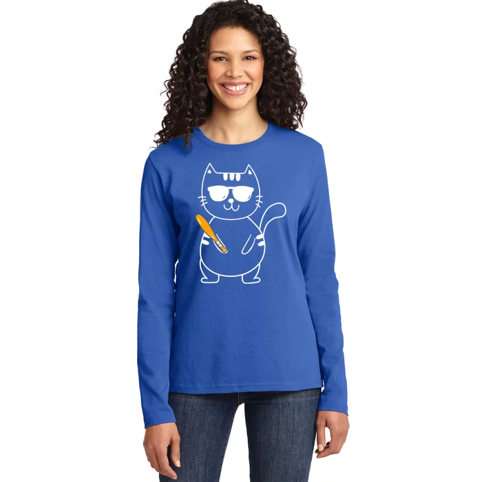 Baseball Cat Gift Funny Baseball Player Baseballer Gift Ladies Long Sleeve Shirt