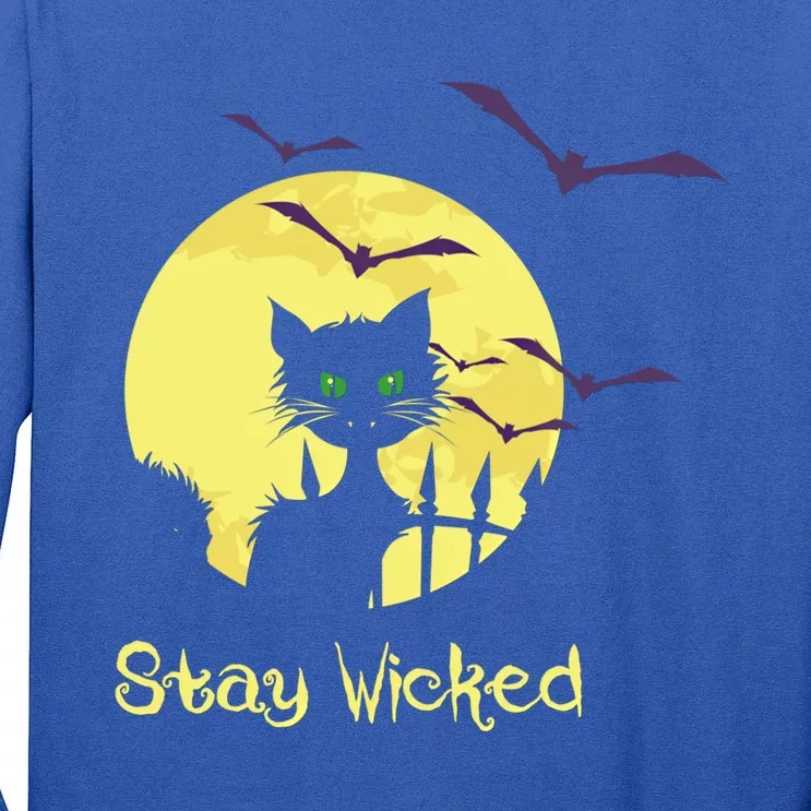 Black Cat Green Eyes Moon Funny Halloween Stay Wicked Gift Tall Long Sleeve T-Shirt