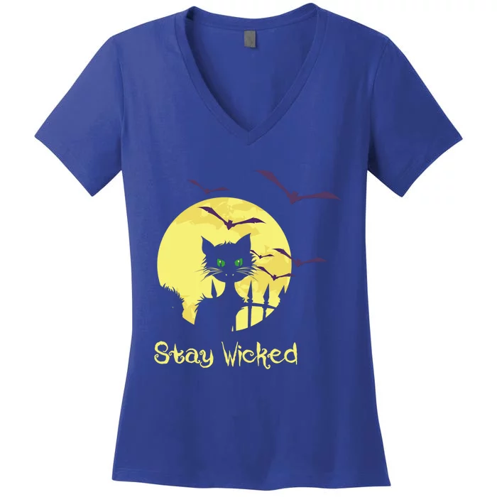 Black Cat Green Eyes Moon Funny Halloween Stay Wicked Gift Women's V-Neck T-Shirt