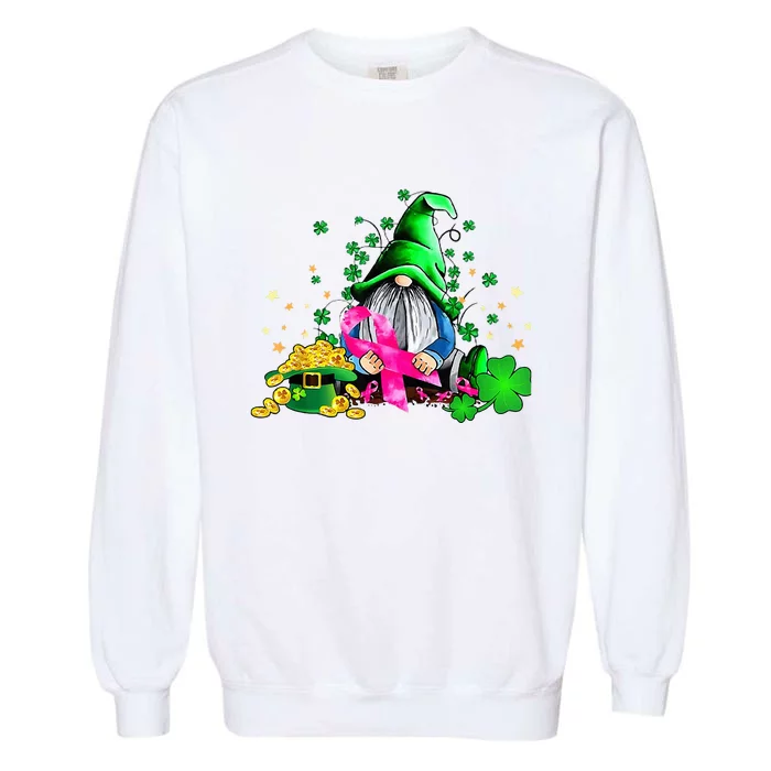 Breast Cancer Gnome St Patricks Day Pink Ribbon Awareness Garment-Dyed Sweatshirt