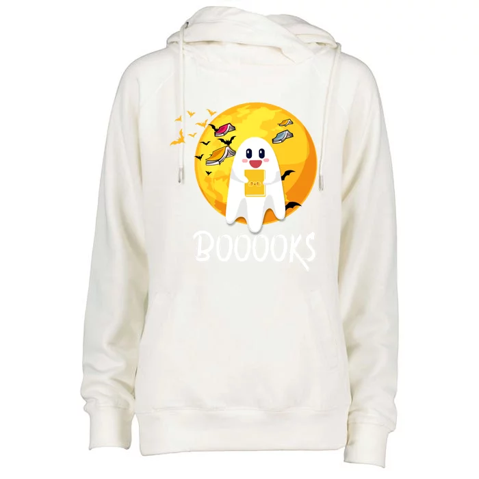 Booooks Cute Ghost Reading Books Teacher Librarian Halloween Gift Womens Funnel Neck Pullover Hood