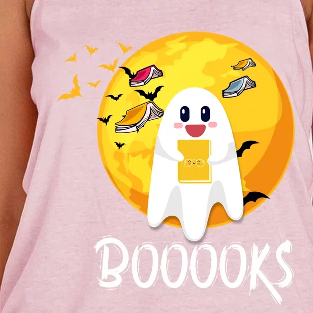 Booooks Cute Ghost Reading Books Teacher Librarian Halloween Gift Women's Knotted Racerback Tank