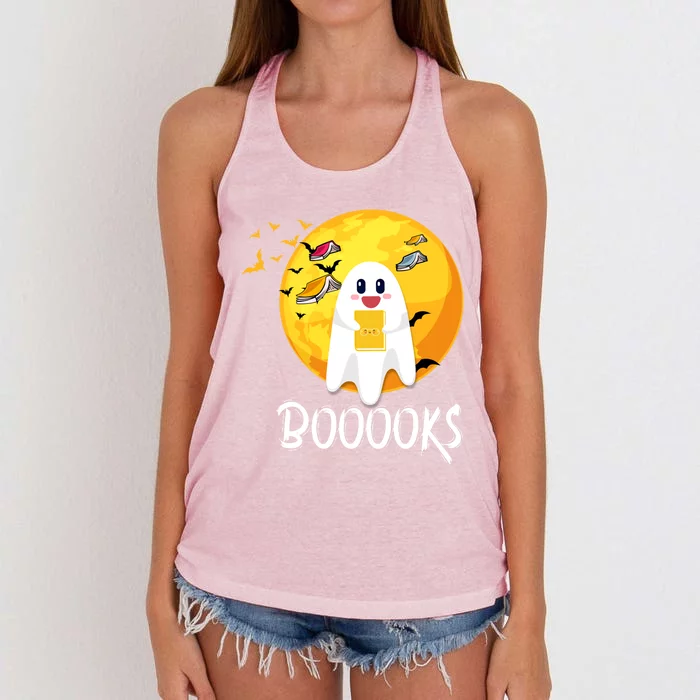 Booooks Cute Ghost Reading Books Teacher Librarian Halloween Gift Women's Knotted Racerback Tank