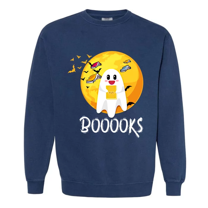 Booooks Cute Ghost Reading Books Teacher Librarian Halloween Cute Gift Garment-Dyed Sweatshirt