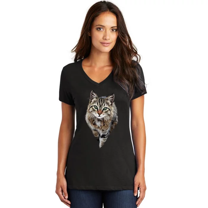 Brown Cat Green Eyes Cats Gifts Women's V-Neck T-Shirt