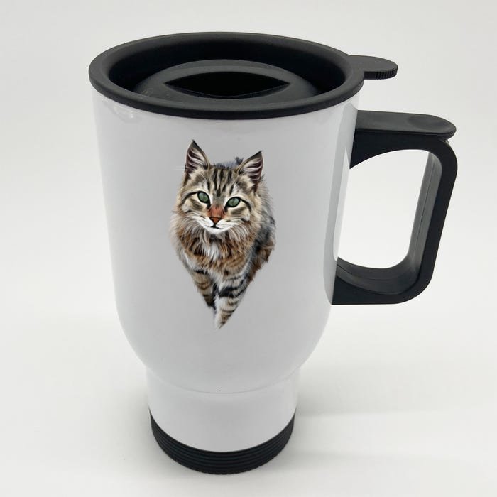 Brown Cat Green Eyes Cats Gifts Front & Back Stainless Steel Travel Mug