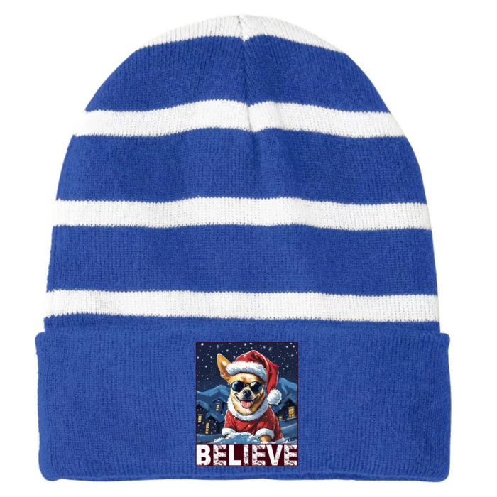 Believe Christmas Gift Chihuahua Santa Claus Cute Gift Striped Beanie with Solid Band