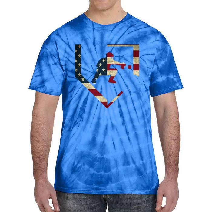 Baseball Catcher Gear Gift American Flag Baseballin Gift Tie-Dye T-Shirt