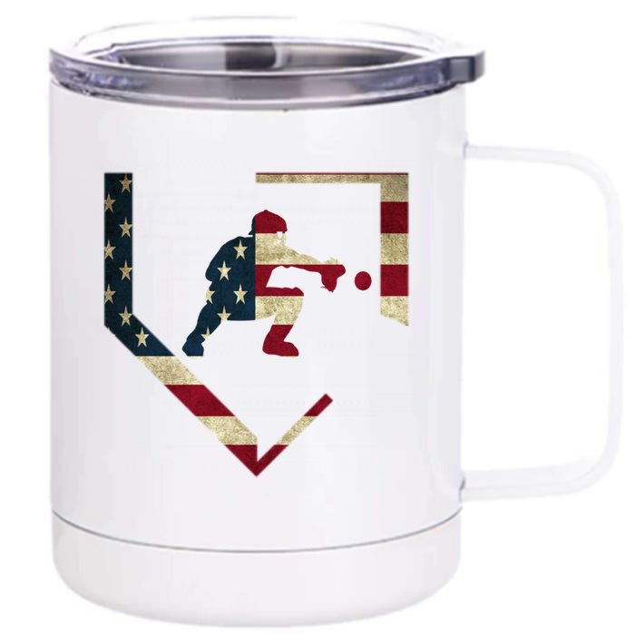 Baseball Catcher Gear Gift American Flag Baseballin Gift Front & Back 12oz Stainless Steel Tumbler Cup