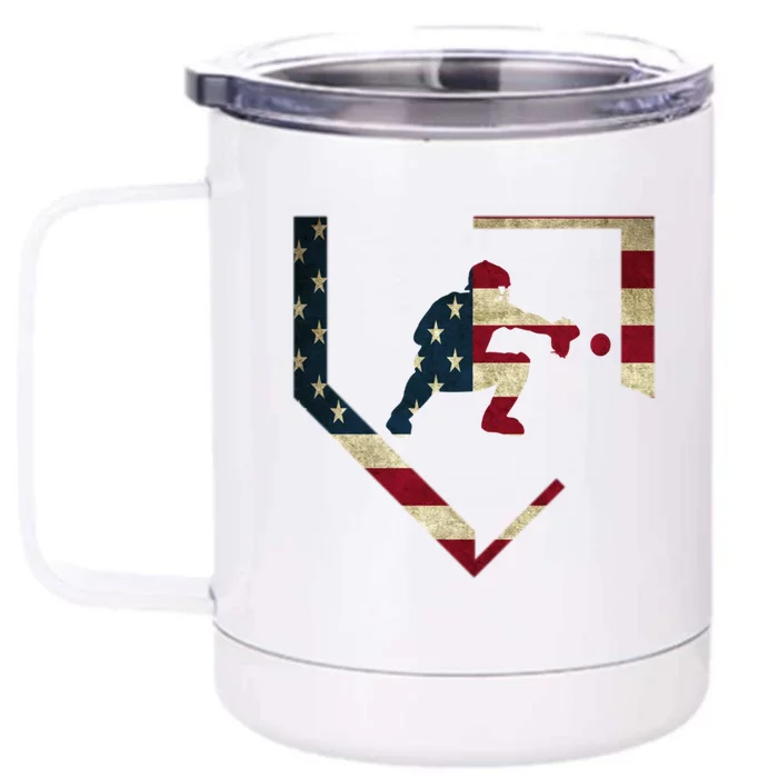 Baseball Catcher Gear Gift American Flag Baseballin Gift Front & Back 12oz Stainless Steel Tumbler Cup