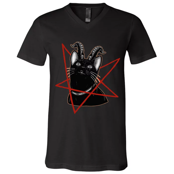 Baphomet Cat Gothic Pentagram V-Neck T-Shirt