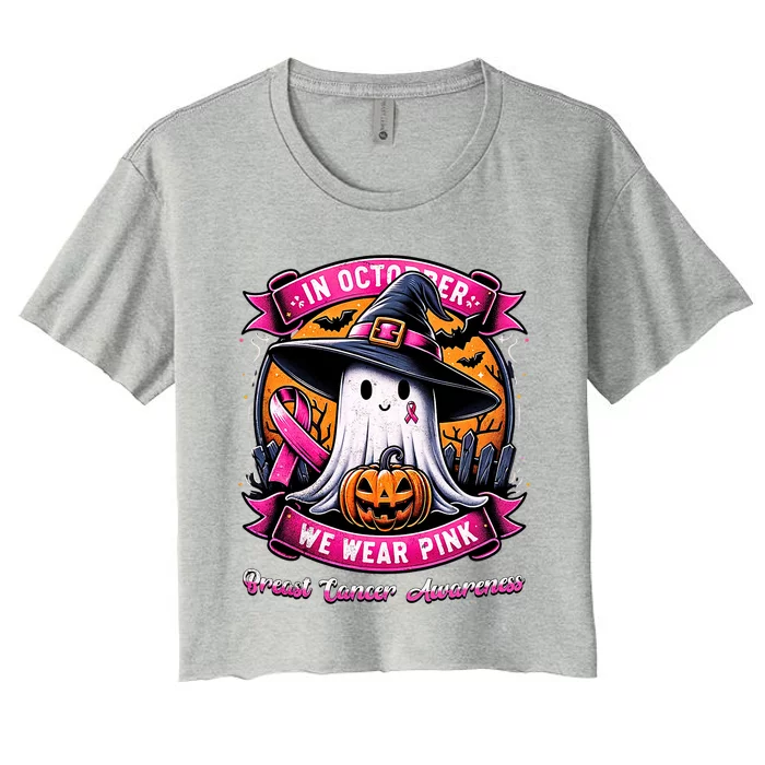 Breast Cancer Halloween In October We Wear Ghost Witch Women's Crop Top Tee