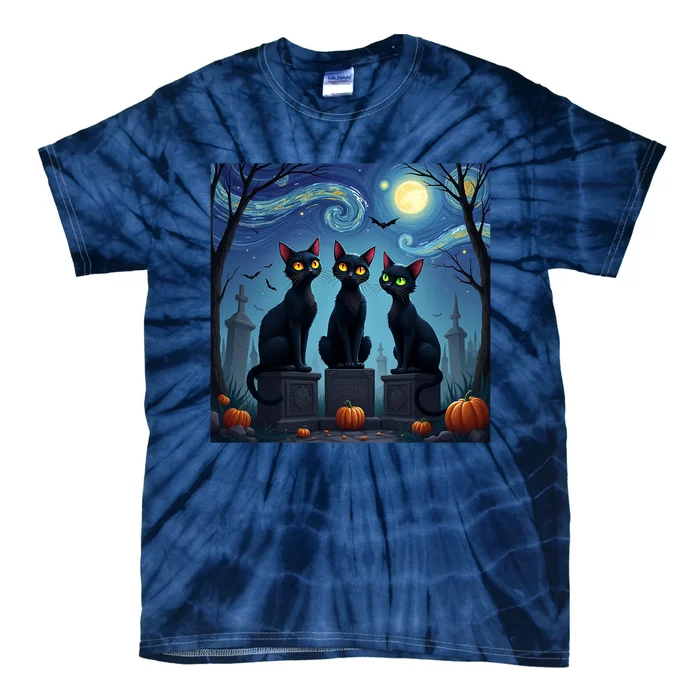 Black Cat Halloween Cat Lovers Starry Night Cat Van Gogh Tie-Dye T-Shirt