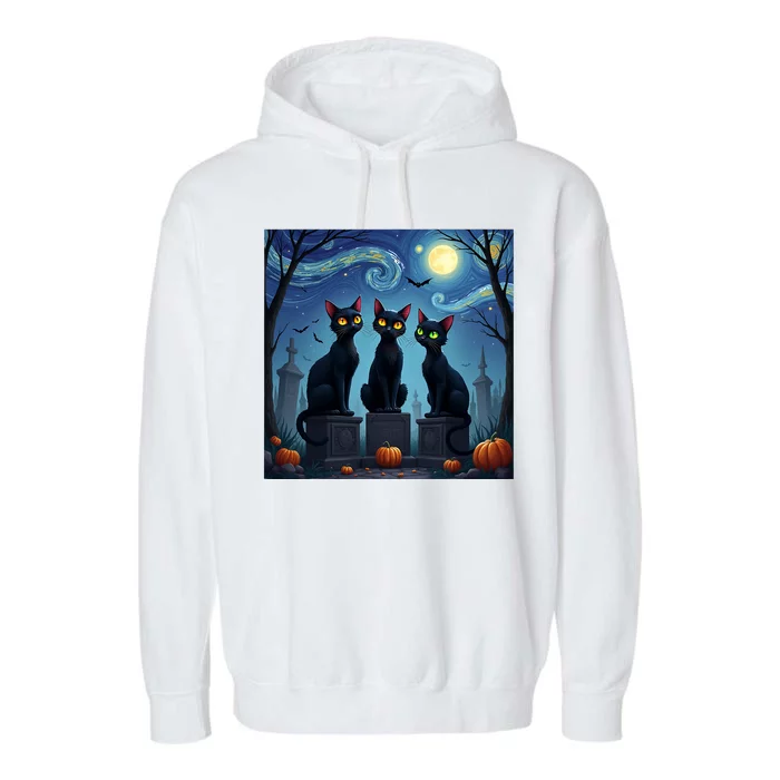 Black Cat Halloween Cat Lovers Starry Night Cat Van Gogh Garment-Dyed Fleece Hoodie