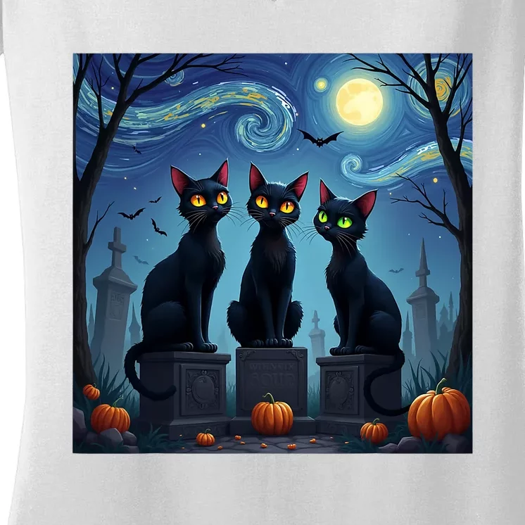 Black Cat Halloween Cat Lovers Starry Night Cat Van Gogh Women's V-Neck T-Shirt