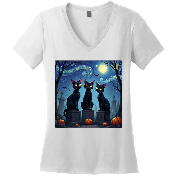 Black Cat Halloween Cat Lovers Starry Night Cat Van Gogh Women's V-Neck T-Shirt