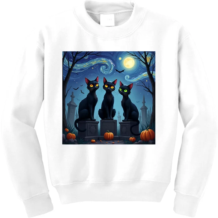 Black Cat Halloween Cat Lovers Starry Night Cat Van Gogh Kids Sweatshirt