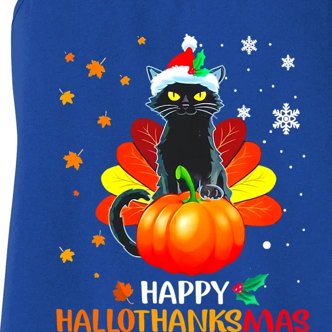 Black Cat Halloween And Merry Christmas Happy Hallothanksmas Gift Women's Racerback Tank