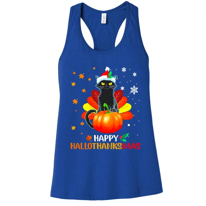 Black Cat Halloween And Merry Christmas Happy Hallothanksmas Gift Women's Racerback Tank