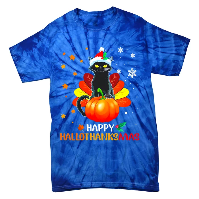 Black Cat Halloween And Merry Christmas Happy Hallothanksmas Gift Tie-Dye T-Shirt