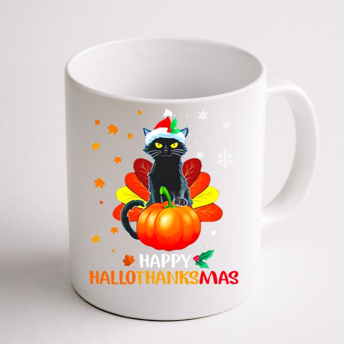 Black Cat Halloween And Merry Christmas Happy Hallothanksmas Gift Front & Back Coffee Mug