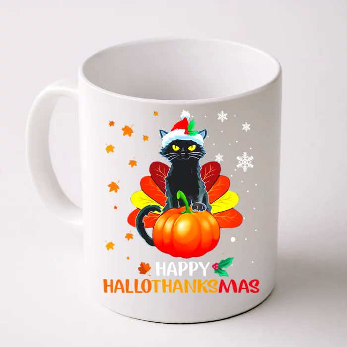 Black Cat Halloween And Merry Christmas Happy Hallothanksmas Gift Front & Back Coffee Mug